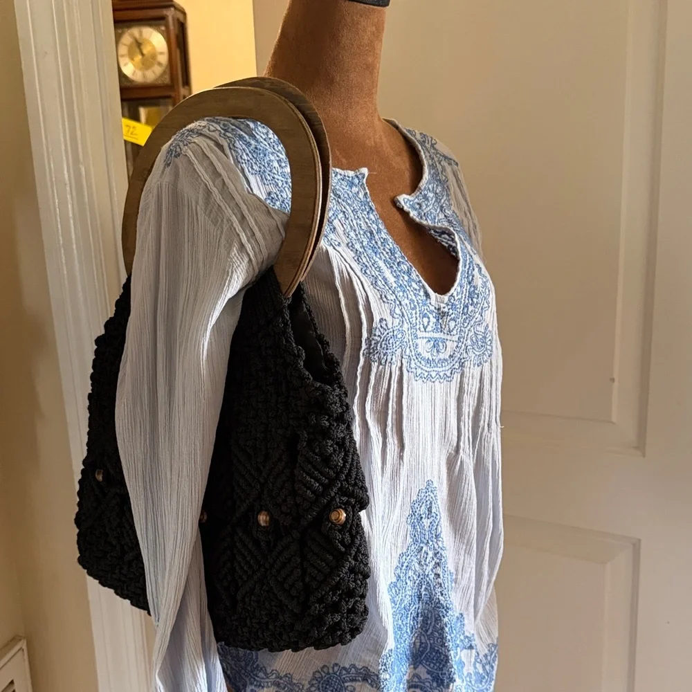 Black macrame handbag with wooden handles BOHO - Picture 9 of 9